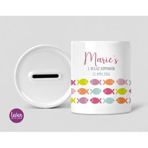 Spardose Fische zur Kommunion personalisiert | Tolle Spardose mit Namen für Mädchen | Artikelnummer: 121337 20