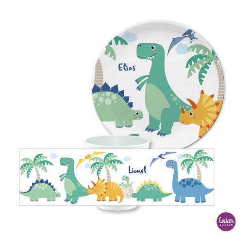 Personalisiertes Kindergeschirr Dinos | Trinkbecher und Dessertteller aus Melamin. BPA frei und hergestellt in Deutschland. | Artikelnummer: 6151-7451-4131