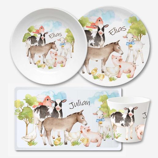 Kindergeschirr Set mit Namen, Animal Farm | 4 teiliges Geschirrset aus Melamin und BPA frei, hergestellt in Deutschland | Artikelnummer: 8552-8875-2025