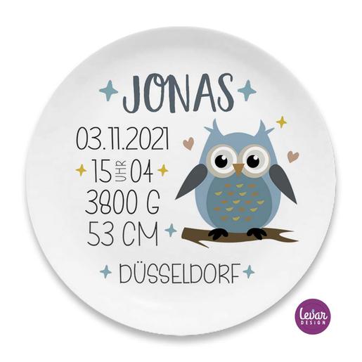 Eule Geburtsteller Taufteller  | Kinderteller mit Geburtsdaten aus Melamin BPA frei | Artikelnummer: 95616163
