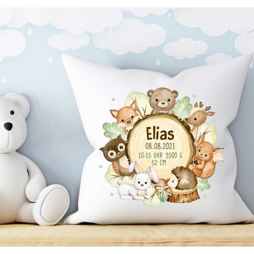 Kissen mit Füllung Waldtiere für Kinder | Weiches Kissen mit Namen und Geburtsdaten personalisierbar | Artikelnummer: 8360-4651-0843 -2