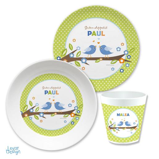 Kindergeschirr Set Vögel Dots  | Kinderteller, Trinkbecher mit Namen aus Melamin BPA frei | Artikelnummer: 124554991 -2