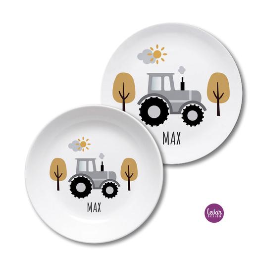 Kinderteller Traktor | Personalisiertes Kindergeschirr aus Melamin, 2 teilig | Artikelnummer: 0603-2180-1312 -2