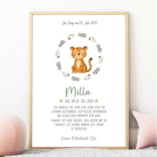 Personalisierter Patenbrief - Leopard | Fineart - Kunstdruck mit Namen und Geburtsdaten | Artikelnummer: 2331-7240-105899