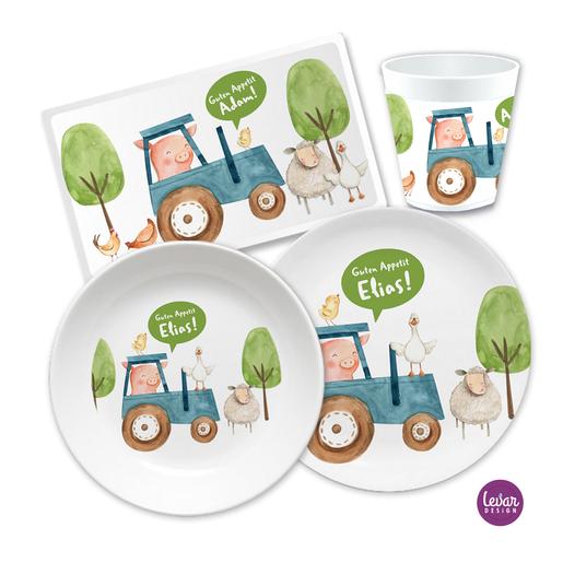 Kinder Geschirr Set mit Namen ❤ Bauernhof Traktor | Melamingeschirr BPA frei, hergestellt in Deutschland | Artikelnummer: 8543-4663-3460