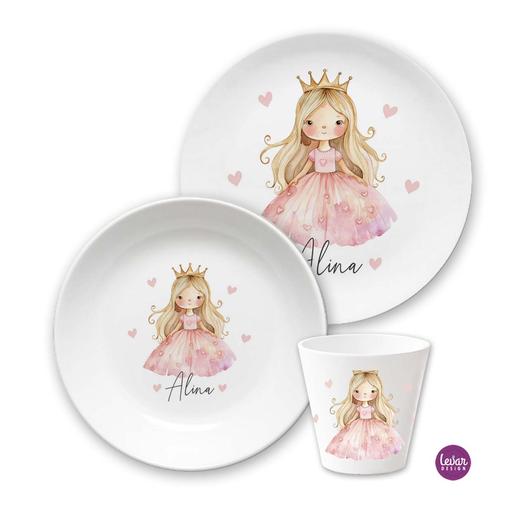Kindergeschirr Prinzessin Einhorn | Kinderteller, Trinkbecher aus Melamin BPA frei | Artikelnummer: ki3setpingu -1