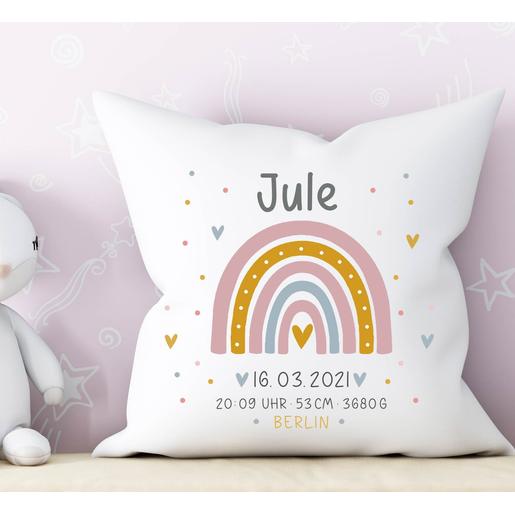 Baby Kissen Regenbogen mit Namen, Geburtsdaten | Zauberhaftes Kissen mit Füllung, 2 farbig | Artikelnummer: 6722-4673-5224 -3