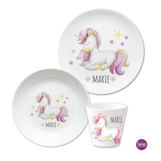 Einhorn Kindergeschirr Set | Kinderteller, Trinkbecher mit Namen aus Melamin BPA frei | Artikelnummer: 3setkiei18