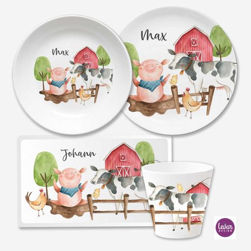 Kindergeschirrset Bauernhoftiere | Geschirrset aus Melamin und BPA frei, hergestellt in Deutschland | Artikelnummer: 0646-5023-3247