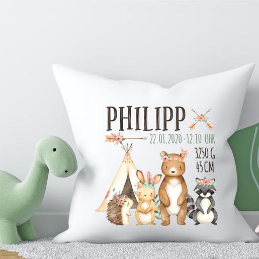 Kinderkissen Waldtiere | personalisiert | Geschenk für Mädchen & Jungen | Zauberhaftes Kissen zur Geburt und Taufe mit Geburtsdaten | Artikelnummer: 2852-6116-3037 -1