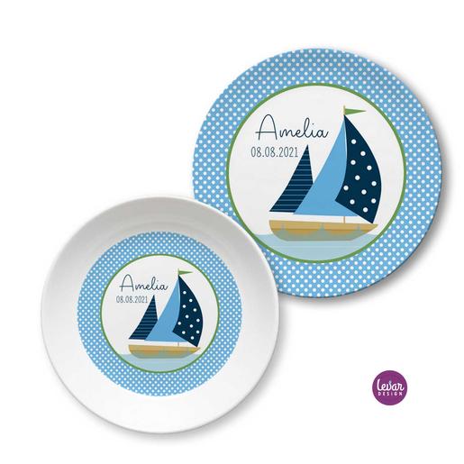 Kindergeschirr Set Segelschiff | Kinderteller mit Namen aus Melamin BPA frei | Artikelnummer: 62499113