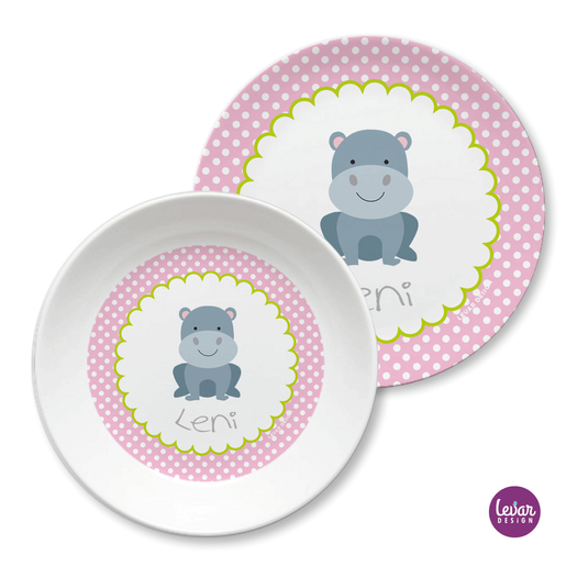 Kindergeschirr Set Nilpferd | Kinderteller mit Namen aus Melamin BPA frei | Artikelnummer: 51499043 -7