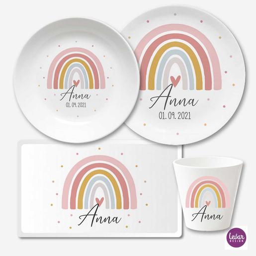 Regenbogen - Kindergeschirr Set mit Namen  | Geschirrset aus Melamin und BPA frei, hergestellt in Deutschland | Artikelnummer: 3133-2645-8735-2