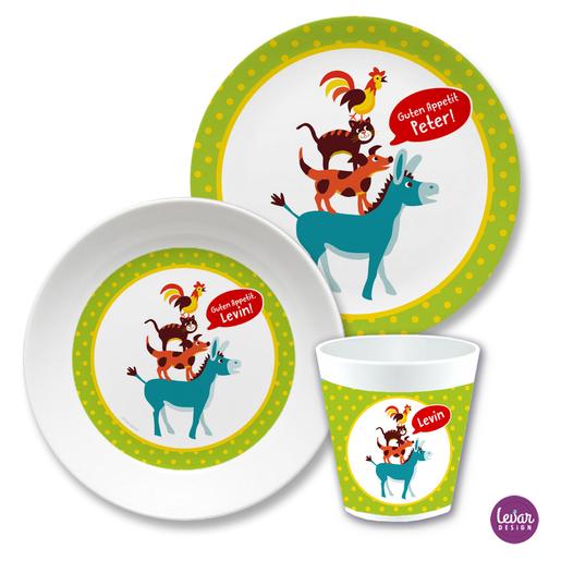 Kindergeschirr Bremer Musikanten  | Kinderteller, Trinkbecher mit Namen aus Melamin BPA frei | Artikelnummer: ki3setbremer -1 2 Kopie