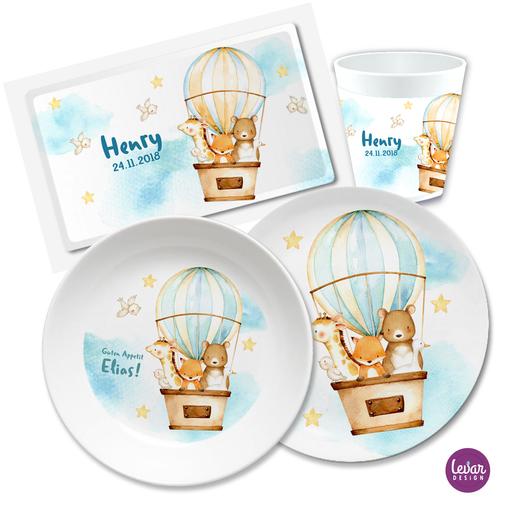 Kindergeschirr Set mit Namen personalisiert, Heißluftballon- 4 teilig  | Geschirrset aus Melamin und BPA frei, hergestellt in Deutschland | Artikelnummer: 3172-8263-1046 -1