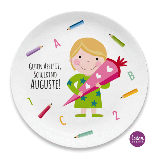 Kinderteller Einschulung Schulkind | Personalisiertes Geschenk zur Einschulung | Schulanfang | Teller zum Schulanfang aus Melamin BPA frei | Artikelnummer: 5142-1500-5375 -1