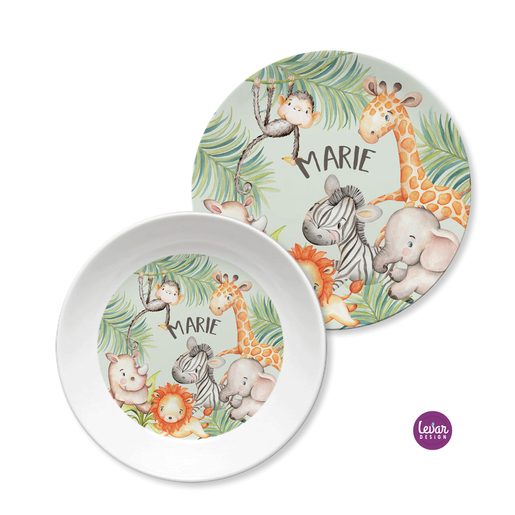 Kinderteller Dschungeltiere | Geschenk zur Geburt, Taufe | Personalisiertes Kindergeschirr | Kindergeschirr mit Namen aus Melamin BPA frei | Artikelnummer: 3042-5422-1416 -1