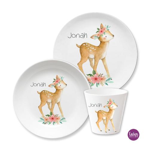 Kindergeschirr Set Reh, Waldtiere | 3teiliges Geschirrset aus Melamin und BPA frei für Kinder | Artikelnummer: 2725-4253-3520