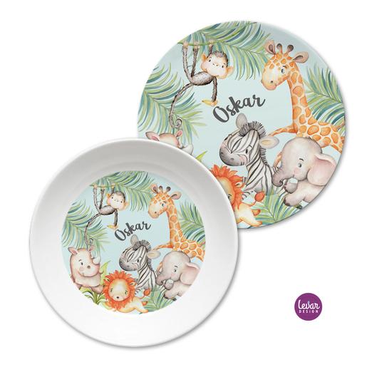 Kinderteller Dschungeltiere | Geschenk zur Geburt, Taufe | Personalisiertes Kindergeschirr | Kindergeschirr mit Namen aus Melamin BPA frei | Artikelnummer: 3042-5422-1416 -3