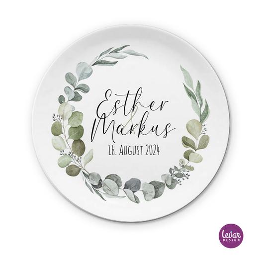 Eukalyptus Hochzeitsteller personalisiert | Zauberhafter Teller mit Namen aus Melamin, BPA frei und hergestellt in Deutschland | Artikelnummer: 7516-8463-8761 -6