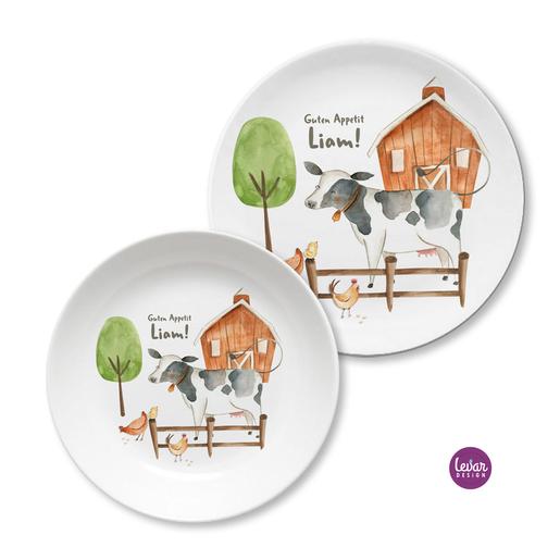 Kindergeschirrset Bauernhof Kuh | Kinderteller mit Namen aus Melamin BPA frei | Artikelnummer: 113811099