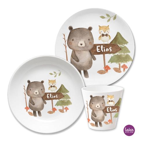 Kindergeschirr Set Bär, Waldtiere | 3teiliges Geschirrset aus Melamin für Kinder, BPA frei | Artikelnummer: 1014-3220-0872