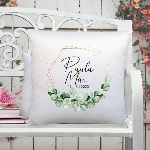 Kissen personalisiertes Hochzeitsgeschenk | Eukalyptus | Geschenkidee zur Hochzeit, Hochzeitstag, zum Valentinstag ... | Kissen mit Namen, Datum und Füllung - Eukalyptus Kranz | Artikelnummer: 2775-7751-7886 -3 Kopie