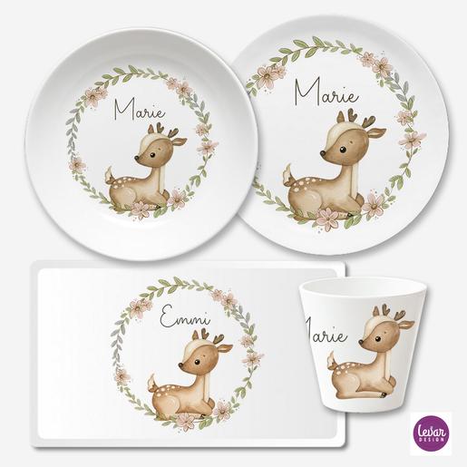 Kindergeschirrset 4 teilig aus Melamin, Reh Kranz | Melamingeschirr BPA frei, hergestellt in Deutschland  | Artikelnummer: kiset4teile