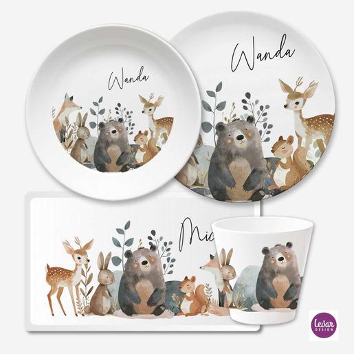 Kindergeschirr mit Namen personalisiert, Waldtiere | Melamingeschirr BPA frei, hergestellt in Deutschland  | Artikelnummer: 8783-4430-0154