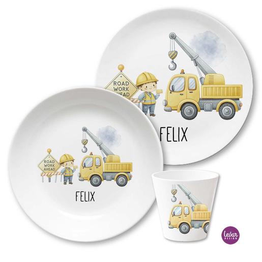 Bagger Bauarbeiter Kindergeschirr Set  | Kinderteller, Trinkbecher mit Namen aus Melamin BPA frei | Artikelnummer: kigluepilz 4