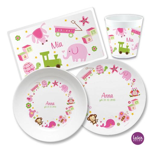 Kindergeschirr Set Spielzeug mit Namen | Geschirrset aus Melamin und BPA frei, hergestellt in Deutschland | Artikelnummer: 2676-5280-4342 -1