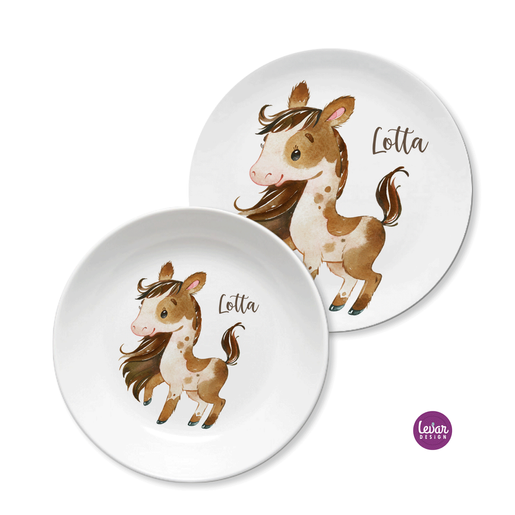 Kindergeschirr Pony personalisiert | Levar Design | Personalisiertes Kindergeschirr aus Melamin, 2 teilig | Artikelnummer: 0132-4505-2076 -1
