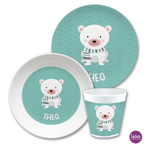 Kindergeschirr Set Eisbär  | Kinderteller, Trinkbecher mit Namen aus Melamin BPA frei | Artikelnummer: ki3seteisbaer -1