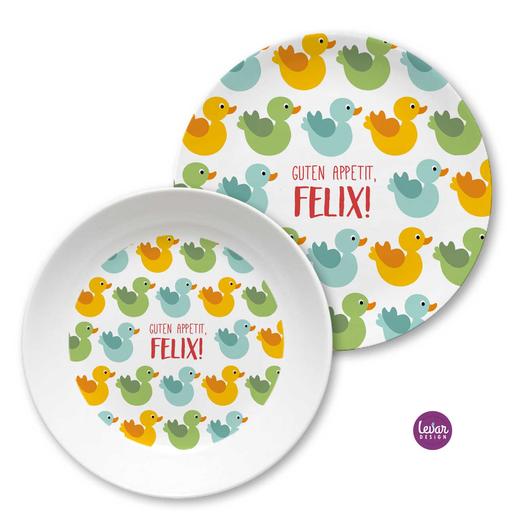 Personalisierter Kinderteller Set Enten | Kindergeschirr Set aus Melamin, BPA frei. Hergestellt in Deutschland | Artikelnummer: 63199116 -6