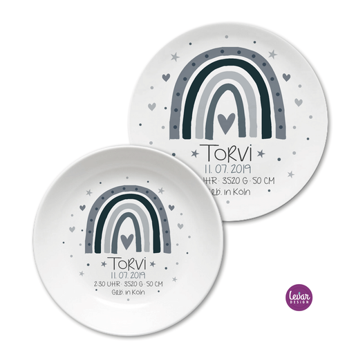 Geburtsteller, Taufteller Regenbogen für Kinder | Personalisierter Melaminteller für Mädchen & Jungen als Geschenkidee | 2er Set Kinderteller mit Geburtsdaten aus Melamin, BPA frei | Artikelnummer: 7406-8348-1477 Kopie Kopie