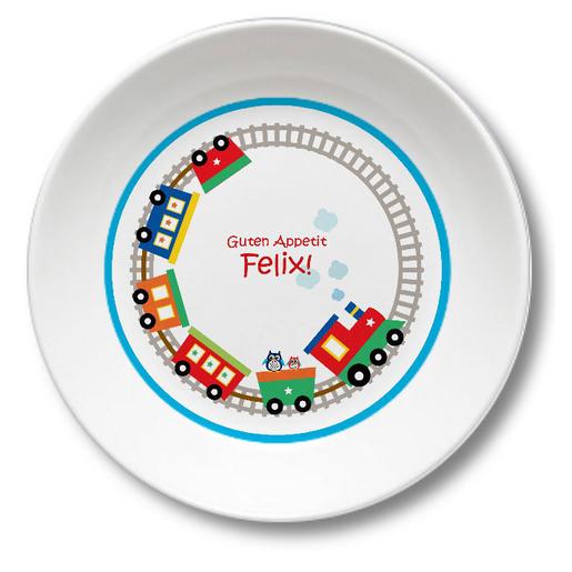 Melaminteller tief/Schale Eisenbahn | Baby Schüssel mit Namen BPA frei | Artikelnummer: 63868959 -1