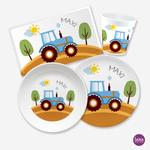 Kindergeschirr Set Traktor  | Brettchen, Becher, und 2 Teller mit Namen aus Melamin, BPA frei | Artikelnummer: 6305-0380-3843 -3