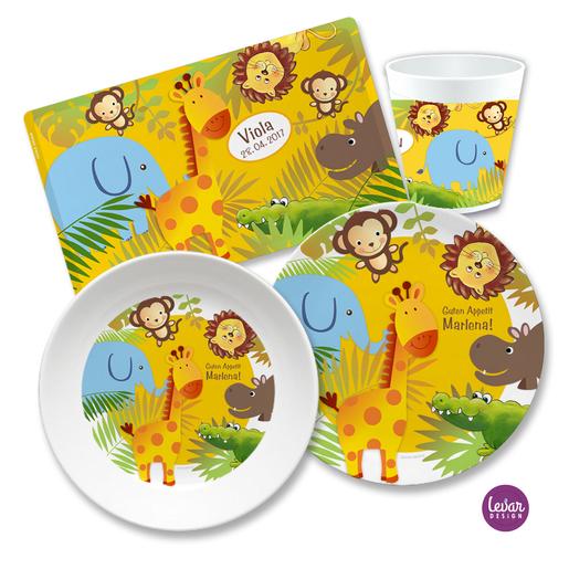 Kindergeschirr Set mit Namen personalisiert, Dschungel, Löwe | 4 teiliges Geschirrset aus Melamin und BPA frei, hergestellt in Deutschland | Artikelnummer: 4687-3561-4150 -2