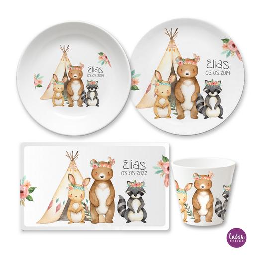 Kindergeschirr Set mit Namen personalisiert, Waldtiere Igel |  4 teilig Geschirrset aus Melamin und BPA frei, hergestellt in Deutschland | Artikelnummer: 8243-4376-0758 -1