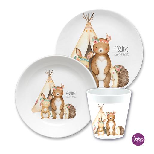 Kinderteller Geschirrset Waldtiere | Personalisiertes Kindergeschirr aus Melamin, 3 teilig | Artikelnummer: 544120 -4
