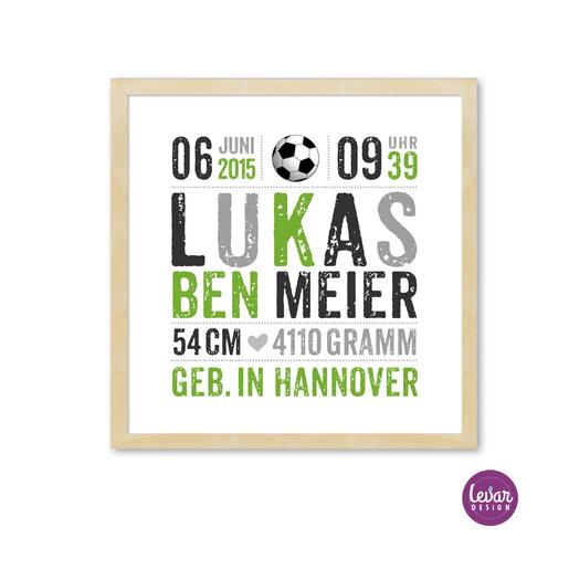 Geburtsanzeige, Taufgeschenk mit Geburtsdaten - Fussball | Personalisiertes Namensbild in Vereinsfarben – Fußball | Baby Geschenk zur Geburt | Artikelnummer: 2387-3414-7476 -2
