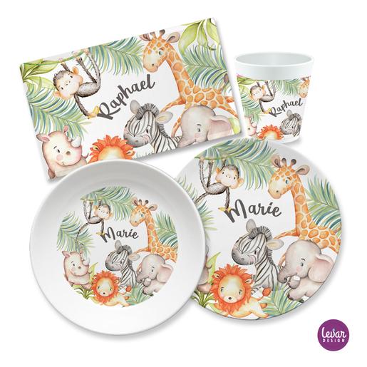 Kinder Geschirr Set mit Namen ❤ Dschungeltiere | Kindergeschirr aus Melamin und BPA frei, hergestellt in Deutschland | Artikelnummer: 6783-7540-6415