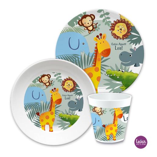 Kindergeschirr Set Dschungeltiere, Löwe, Elefant | Kinderteller, Trinkbecher mit Namen aus Melamin BPA frei | Artikelnummer: ki3ersetdschungel -5