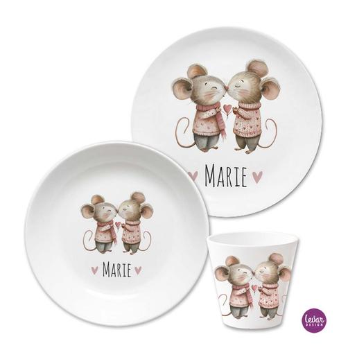 Kindergeschirr Set Mäuse | Kinderteller, Trinkbecher mit Namen aus Melamin BPA frei | Artikelnummer: ki3ersetfee