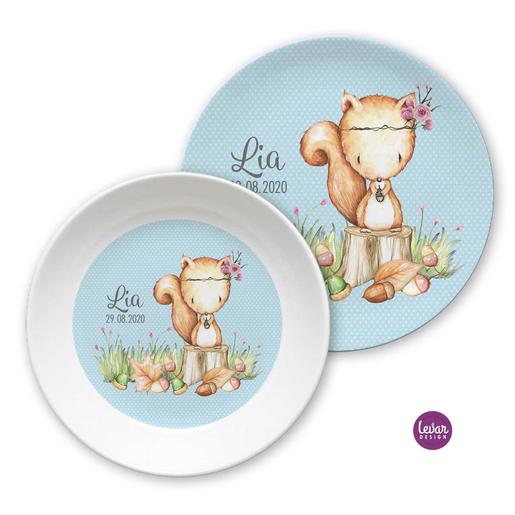 Kindergeschirr Set, Kinderteller Eichhörnchen | Geschirr für Kinder mit Namen aus Melamin BPA frei | Artikelnummer: 59618 -6