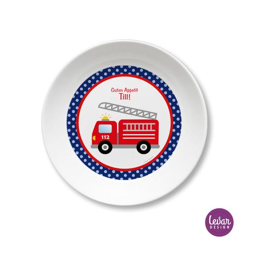 Melaminteller tief/Schale Feuerwehr  | Kinderteller mit Namen BPA frei | Artikelnummer: kitefeuer -1