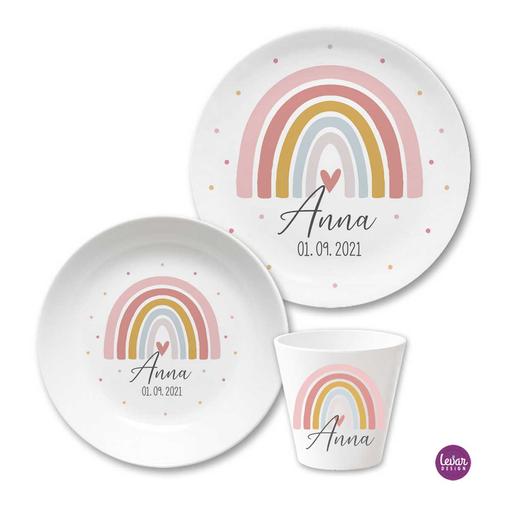 Kindergeschirr Regenbogen | Kinderteller, Trinkbecher mit Namen aus Melamin BPA frei | Artikelnummer: ki3set glueckskae -2