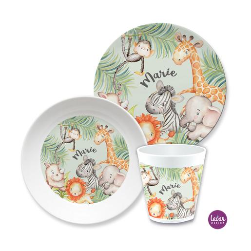 Kindergeschirr Set Dschungeltiere, Löwe, Zebra | 3teiliges Geschirrset aus Melamin und BPA frei für Kinder | Artikelnummer: 3060-0461-5731 -1