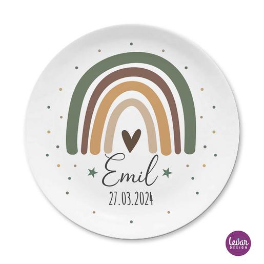 Geburtsteller personalisiert – Taufgeschenk – Regenbogen | Teller mit Geburtsdaten aus Melamin, BPA frei, 3 teilig | Artikelnummer: 2552-0827-0256 Kopie 3