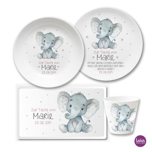Geburtsteller Taufteller Elefant mit Gedicht & Geburtsdaten | 4 teiliges Set Kindergeschirr mit Namen aus Melamin BPA frei | Artikelnummer: 2354-5623-7067 -7